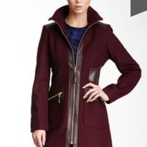 Via Spiga FeauxLeather Trim Wool Blend Coat-Brandy